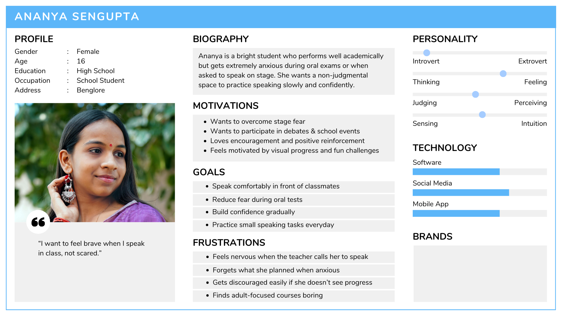 User persona card — Ananya Sengupta, school student
